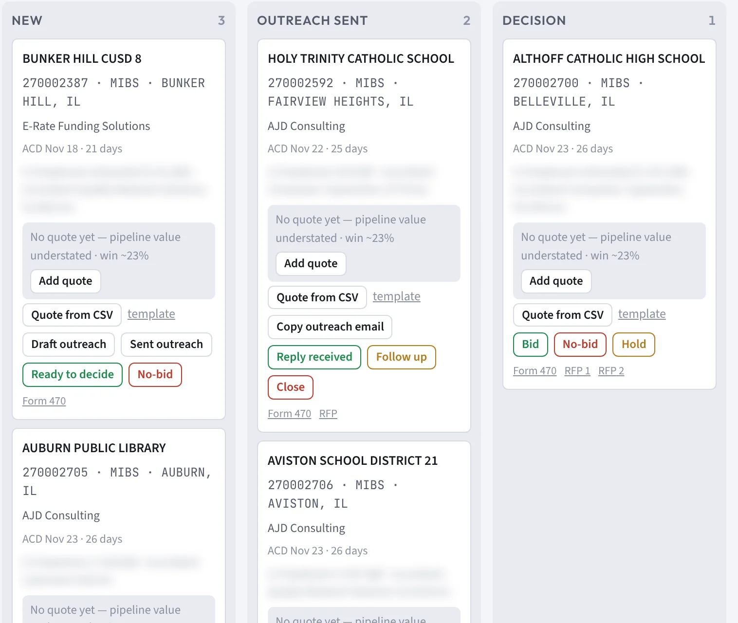 The Workbench pipeline: Form 470s from Illinois schools in New, Outreach sent and Decision columns. Each card shows the 470 number, services, city, consultant and allowable contract date, with buttons to add a quote, send outreach, and mark Bid, No-bid or Hold.